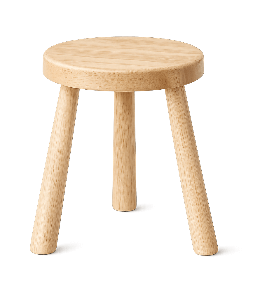 Ilustración de un taburete de tres patas como símbolo de equilibrio entre pensar, sentir y actuar